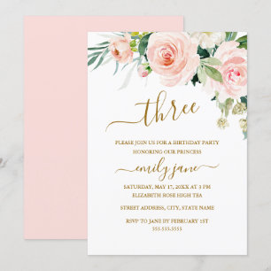 Invitación Fiesta de cumpleaños número 3 de oro rosa floral
