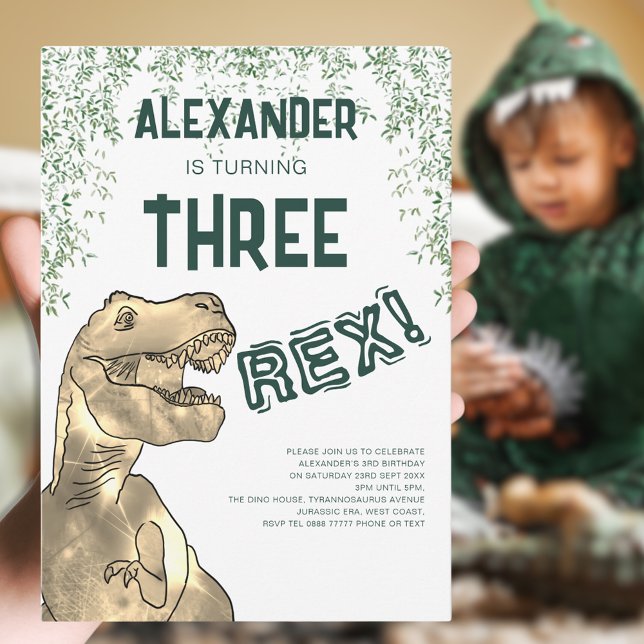 Invitación Fiesta de Cumpleaños número 3 del Dinosaurio Tres  (Three rex dinosaur 3rd birthday party personalized invitation with T-rex dino and Jurassic jungle )