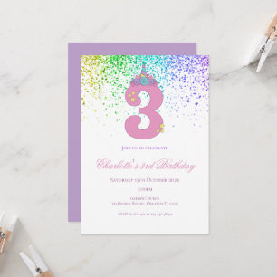 Invitación fiesta de cumpleaños número 3 en rosa y lila