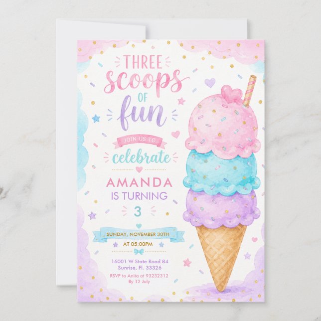 Invitación Fiesta de cumpleaños número 3 Pastel Pink Three Sc (Anverso)