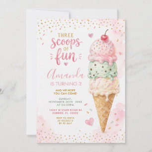 Invitación Fiesta de cumpleaños número 3 Pink Green Three Sco