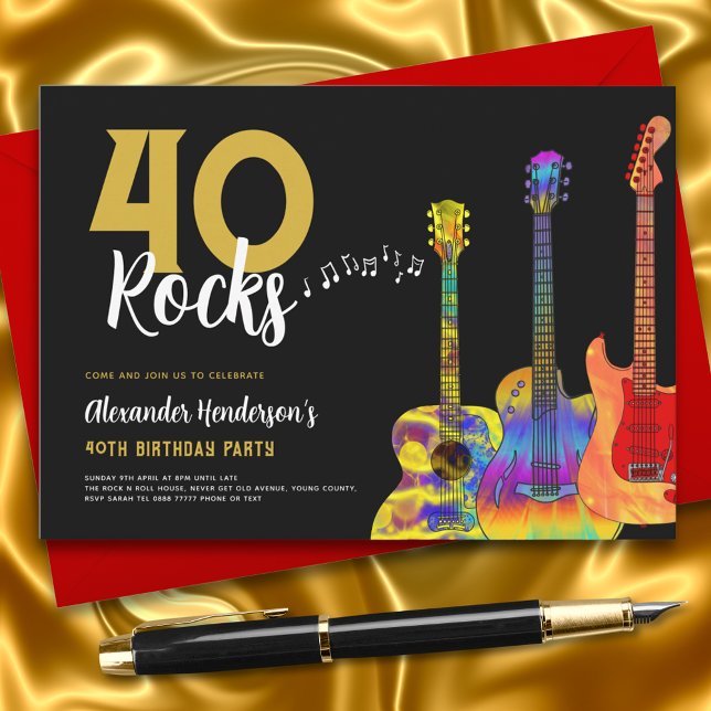 Invitación Fiesta de cumpleaños número 40 40 Rocks Guitarra (Rock and roll guitar black and gold 40th birthday party invitation guitarist musician music lover)