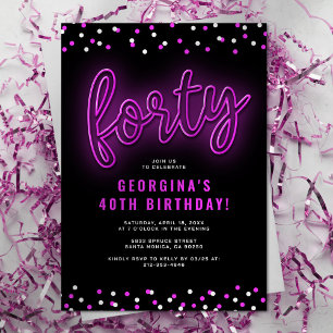 Invitación Fiesta de cumpleaños número 40 Adulto Rosa Neon