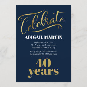 Invitación Fiesta de cumpleaños número 40 azul marino dorado 