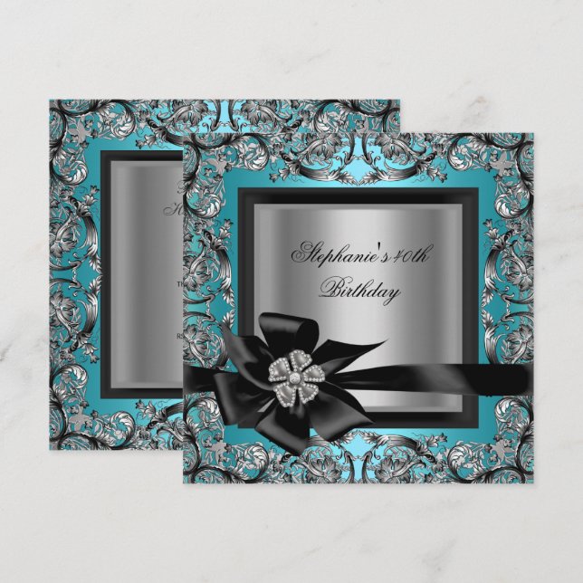 Invitación Fiesta de cumpleaños número 40 azul teal plateado  (Anverso / Reverso)