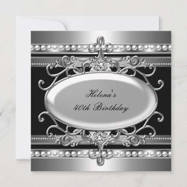 Invitación Fiesta de cumpleaños número 40 Black & Silver Flor (Anverso)
