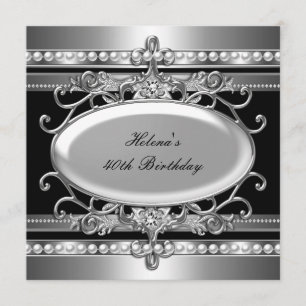 Invitación Fiesta de cumpleaños número 40 Black & Silver Flor