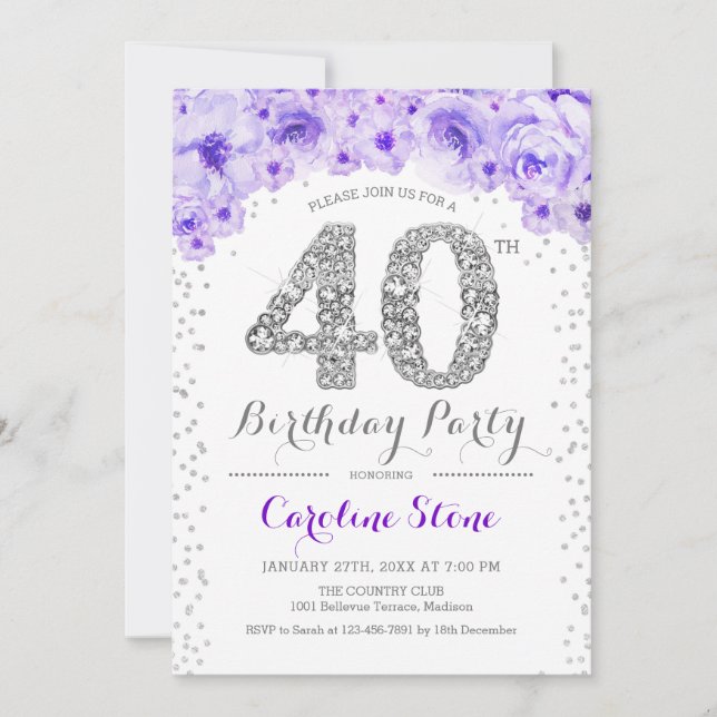 Invitación Fiesta de cumpleaños número 40 - Blanco Plata Púrp (Anverso)