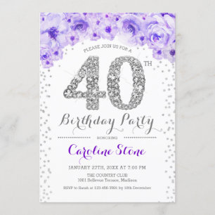Invitación Fiesta de cumpleaños número 40 - Blanco Plata Púrp