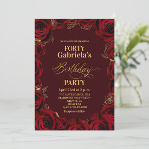Invitación Fiesta de cumpleaños número 40 Burgundy rojo dorad