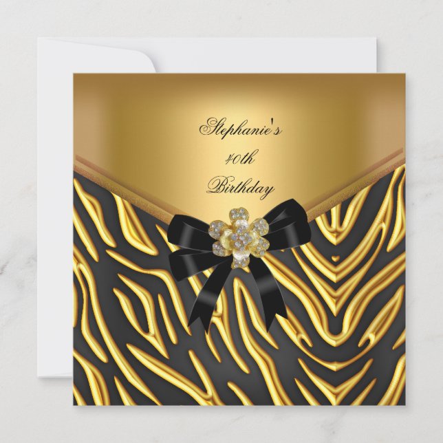 Invitación Fiesta de cumpleaños número 40 Cebra Dorado Negro  (Anverso)