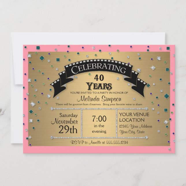 Invitación Fiesta de cumpleaños número 40 celebra Faux Jewel  (Anverso)