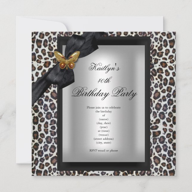 Invitación Fiesta de cumpleaños número 40 Cheetah Mariposa ne (Anverso)