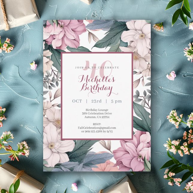 Invitación Fiesta de cumpleaños número 40 con acuarela floral (Subido por el creador)
