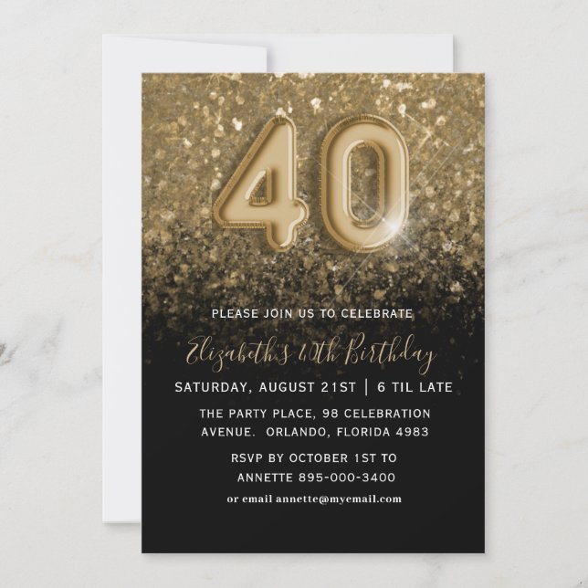 Invitación Fiesta de cumpleaños número 40 con brillo dorado y (Anverso)