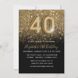 Invitación Fiesta de cumpleaños número 40 con brillo dorado y
