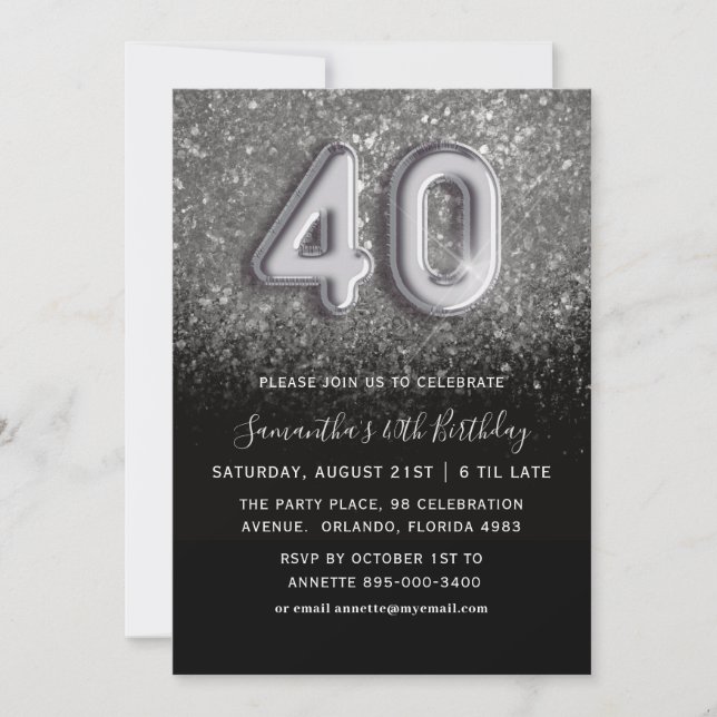 Invitación Fiesta de cumpleaños número 40 con brillo plateado (Anverso)