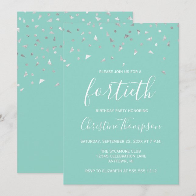 Invitación Fiesta de cumpleaños número 40 con confeti platead (Anverso / Reverso)