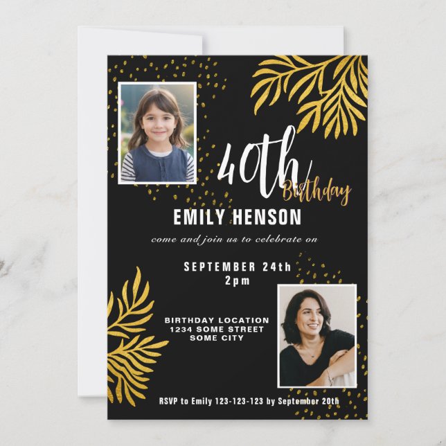 Invitación Fiesta de cumpleaños número 40 con elegante follaj (Anverso)