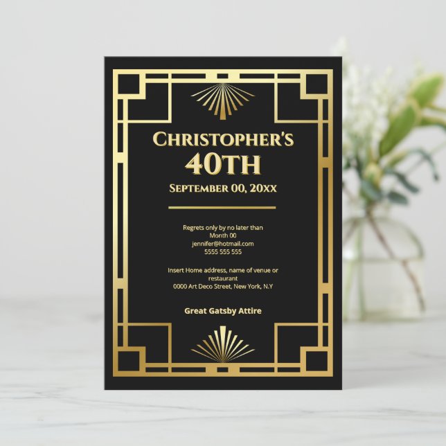Invitación Fiesta de cumpleaños número 40 con estilo Art Deco (Anverso de pie)
