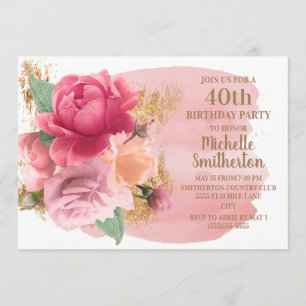 Invitación Fiesta de cumpleaños número 40 con flores rosadas 