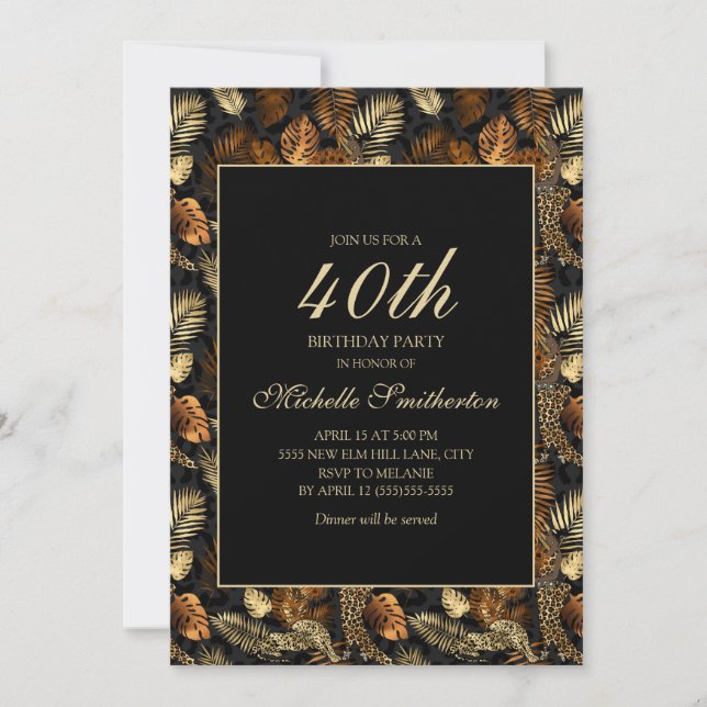 Invitación Fiesta de cumpleaños número 40 con hojas de bronce (Anverso)