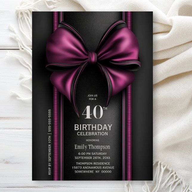 Invitación Fiesta de cumpleaños número 40 con lazo rosa elega (Subido por el creador)
