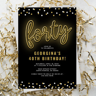 Invitación Fiesta de cumpleaños número 40 con luces de neón d