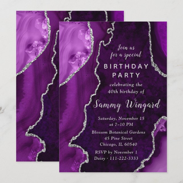 Invitación Fiesta de Cumpleaños número 40 con Mármol de Ágata (Anverso / Reverso)