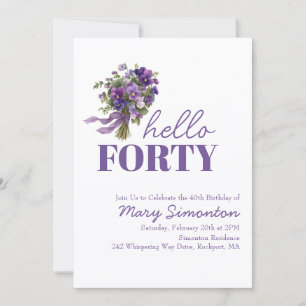 Invitación Fiesta de cumpleaños número 40 con ramo floral púr