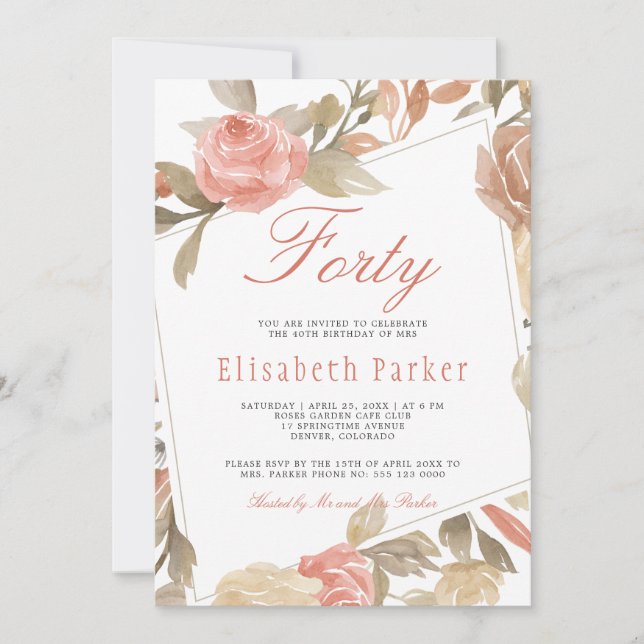Invitación Fiesta de cumpleaños número 40 con tema Dusty Rose (Anverso)