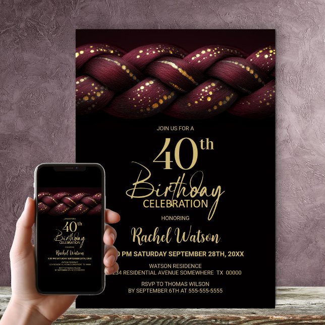 Invitación Fiesta de cumpleaños número 40 con trenza dorada d (Subido por el creador)