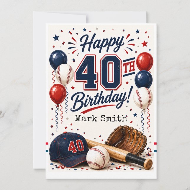 Invitación Fiesta de cumpleaños número 40 de béisbol  (Anverso)