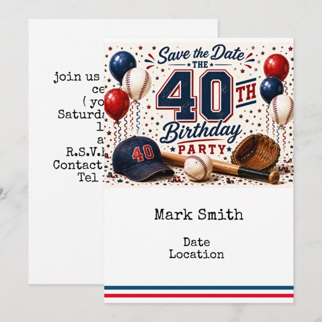 Invitación Fiesta de cumpleaños número 40 de béisbol  (Anverso / Reverso)