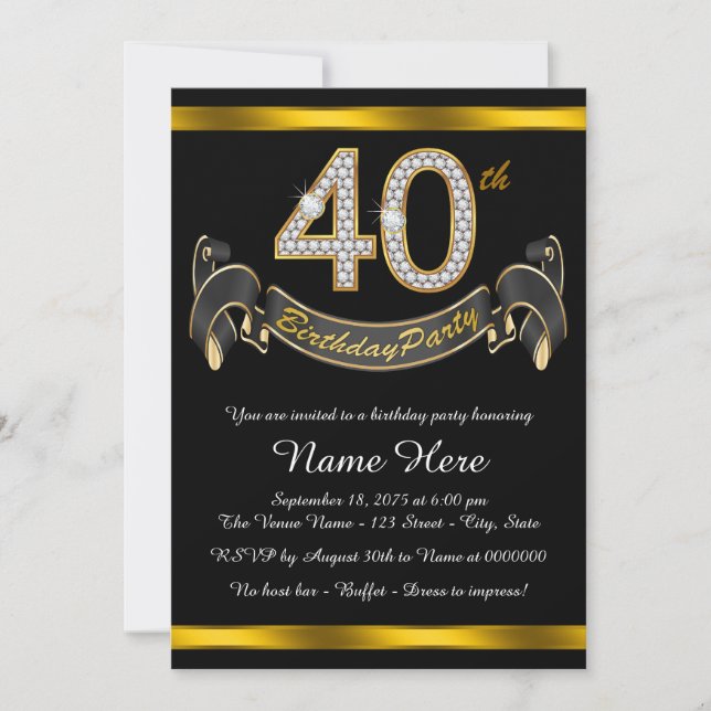 Invitación Fiesta de cumpleaños número 40 de Black Gold (Anverso)
