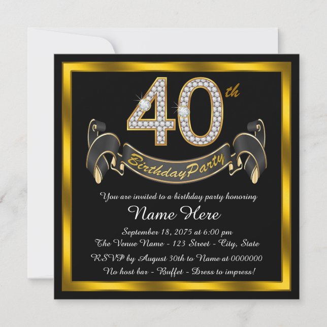 Invitación Fiesta de cumpleaños número 40 de Black Gold (Anverso)