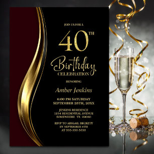 Invitación Fiesta de cumpleaños número 40 de Black Gold Burgu