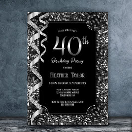 Invitación Fiesta de cumpleaños número 40 de Black White Sequ