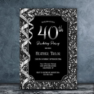 Invitación Fiesta de cumpleaños número 40 de Black White Sequ