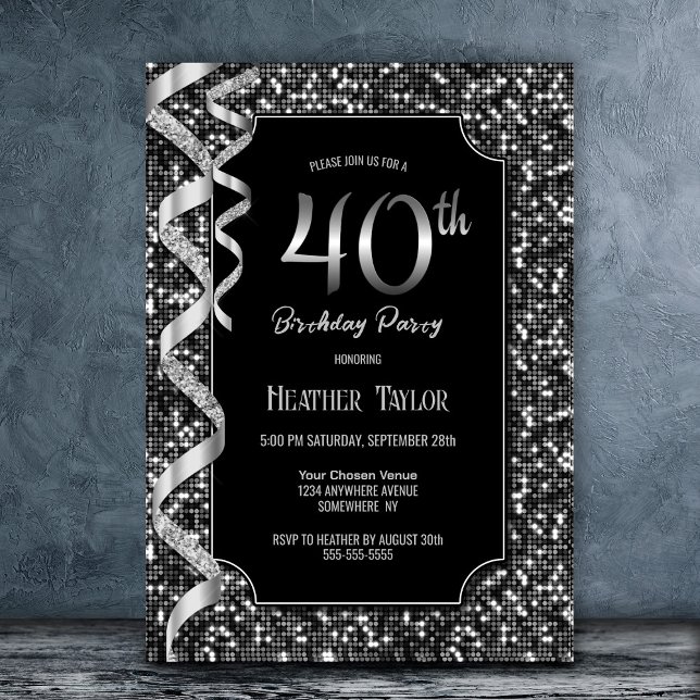 Invitación Fiesta de cumpleaños número 40 de Black White Sequ (Subido por el creador)