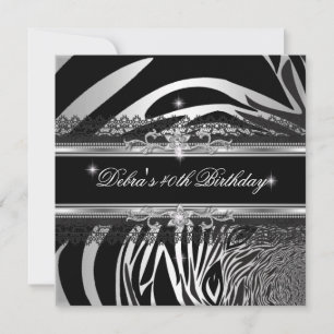 Invitación Fiesta de cumpleaños número 40 de cebra negro plat