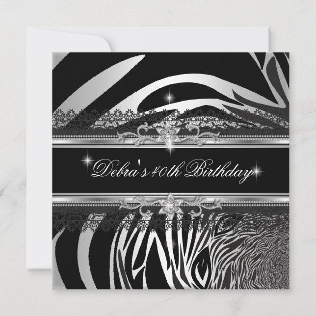 Invitación Fiesta de cumpleaños número 40 de cebra negro plat (Anverso)