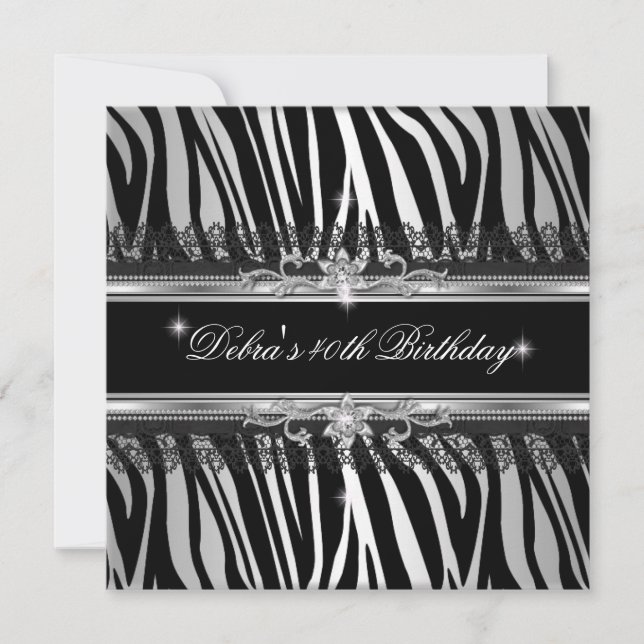Invitación Fiesta de cumpleaños número 40 de cebra negro plat (Anverso)