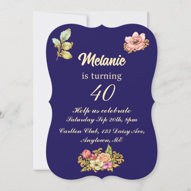Invitación Fiesta de cumpleaños número 40 de Gold Acanthus (Anverso)