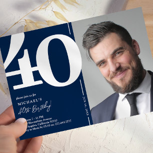Invitación Fiesta de cumpleaños número 40 de la foto azul de 