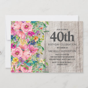Invitación Fiesta de cumpleaños número 40 de madera rústica f