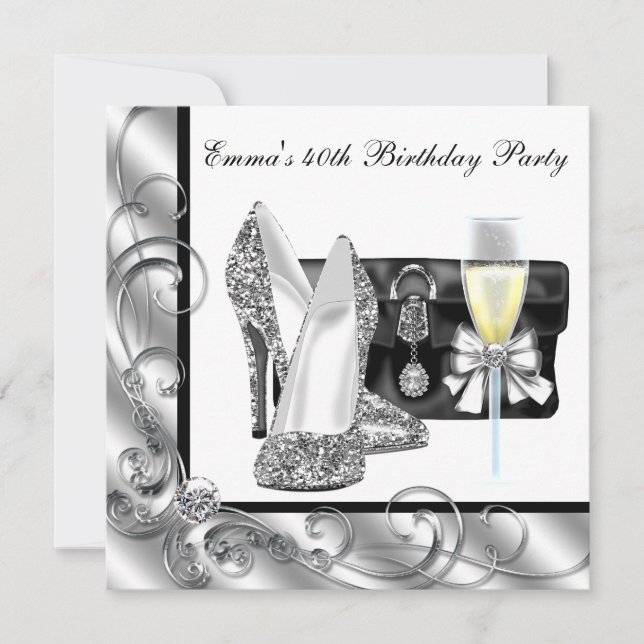 Invitación Fiesta de cumpleaños número 40 de mujer en blanco  (Anverso)