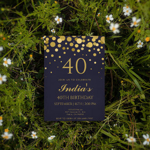 Invitación Fiesta de cumpleaños número 40 de Navy Blue & Gold