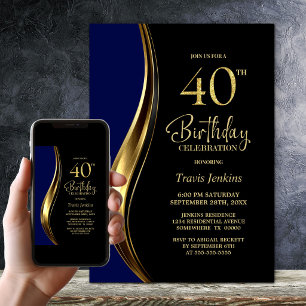 Invitación Fiesta de Cumpleaños número 40 de Oro Negro Azul