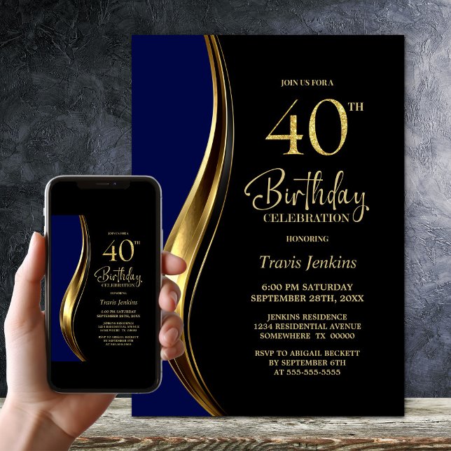 Invitación Fiesta de Cumpleaños número 40 de Oro Negro Azul (Subido por el creador)